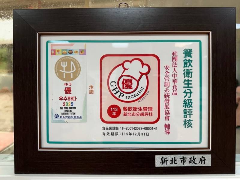 新北市府衛生局6日表示，迎接雙北世壯運的場館周邊食品衛生，委託中華食品安全管制系統發展協會，評核獲得「優級」與「良級」的商家，將有4國語言的標章，提供消費者與選手識別。（新北市府衛生局提供）