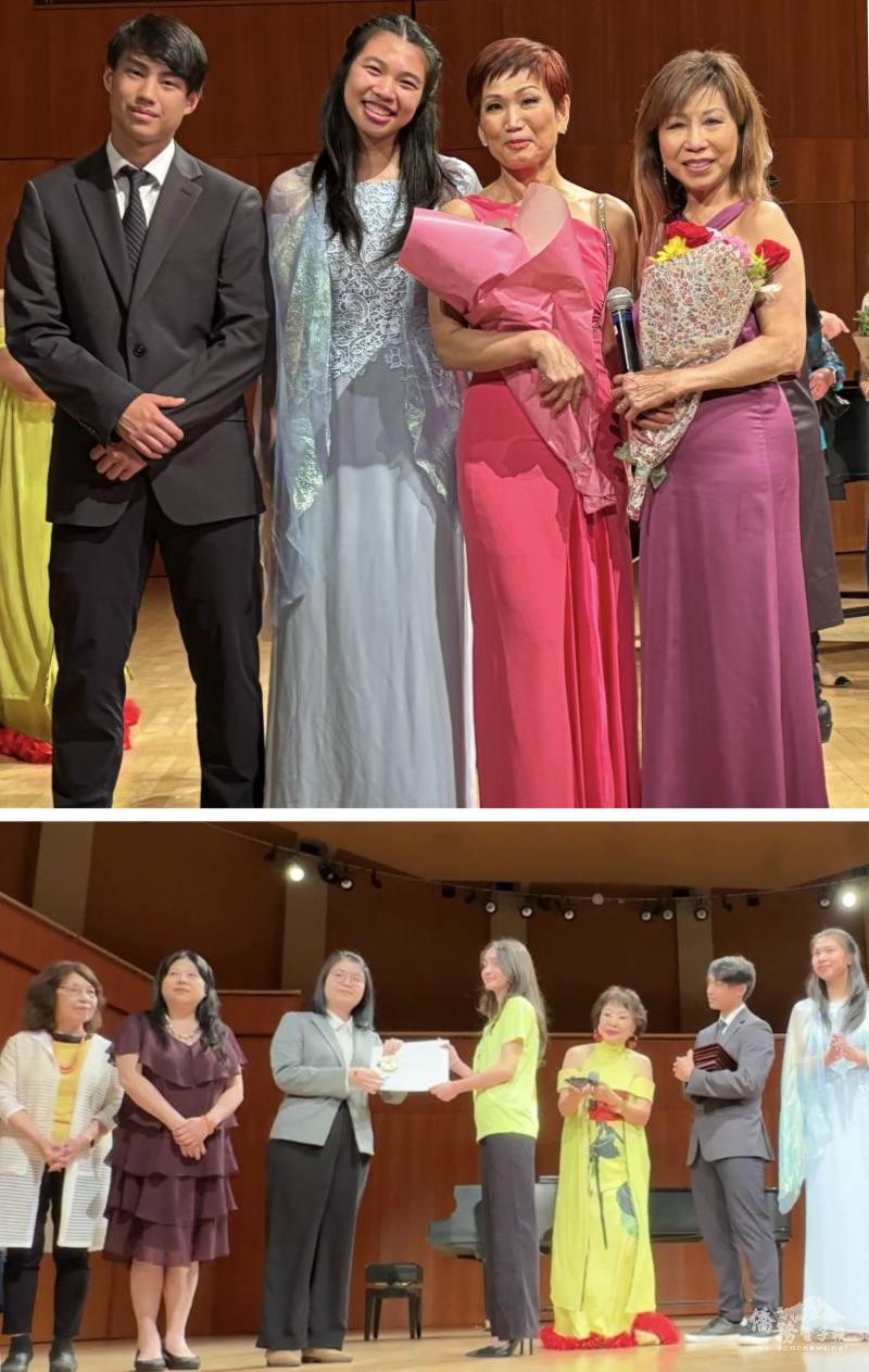 (上圖) 四位優秀的主持人以自信自然的表現帶動全場氣氛 ；(下圖) 紐約文教中心副主任王鈺淇頒發第一屆文創會獎學金 ，鼓勵年輕學子持續發光發熱