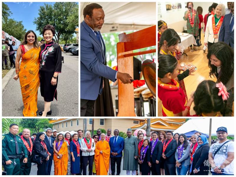 左上起：莊杏珠與尼泊爾社區中心副會長Gita Neupane，郡長戴明斯宣布藝文表演開始