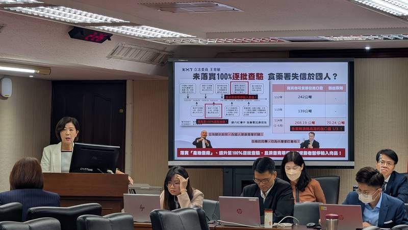 國民黨立委王育敏（左）8日質詢指出，根據民國109年行政院所頒布的「進口豬肉之全方位管理措施」，進口豬應逐批查驗，面對如今有豬肉驗出萊克多巴胺，要求衛福部恢復逐批抽驗