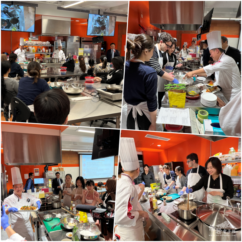 溫國智及陳瑞昌分別示範鹹酥雞、糖醋素排骨與珍珠奶茶3道臺灣美食，詳細講解食材選擇、料理手法與文化背景，並安排學生分組實作，親身體驗臺灣料理的製作樂趣