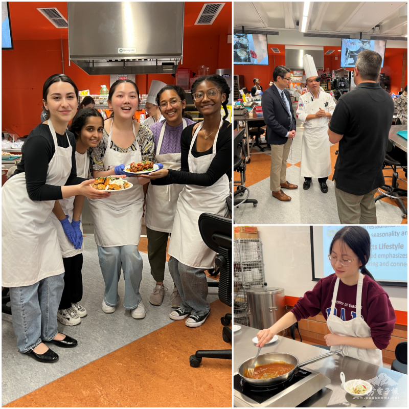 多倫多大學多位學生表示，這是他們第一次動手製作亞洲菜餚，不僅大開眼界也感到新鮮又興奮；多倫多大學媒體團隊全程紀錄活動，專訪溫國智(右上圖)。