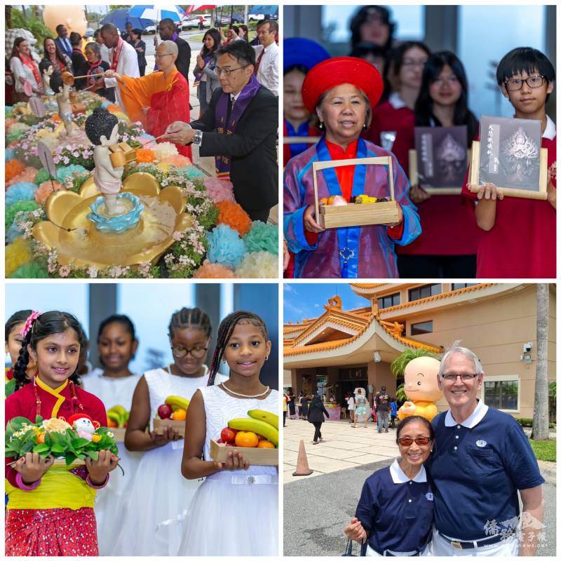 如元法師帶領駐邁阿密辦事處處長周啟宇於寺院門口禮壇行浴佛儀式；僑務顧問詹翠華與慈濟奧蘭多聯絡人林智（右下）亦出席