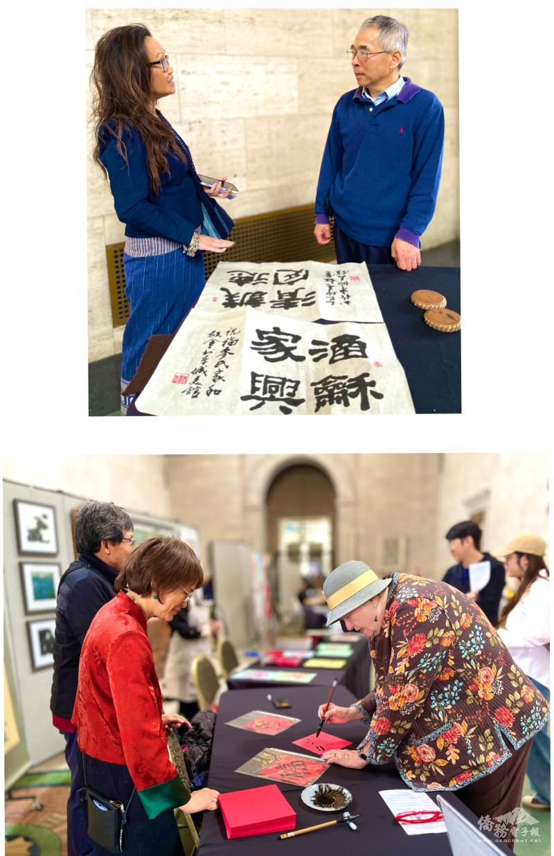 (上圖)徐興民與來賓討論書法、(下圖)李榮娜手作刻字大受歡迎