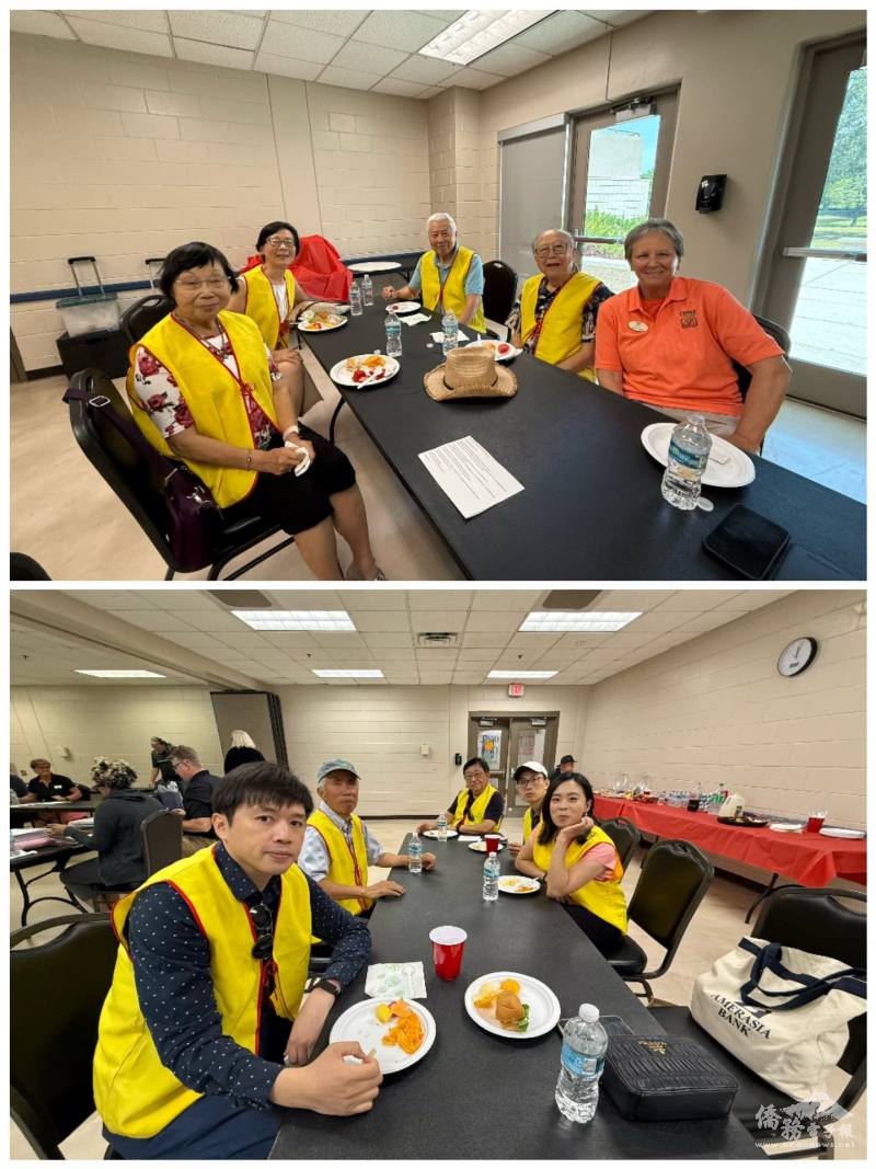 志工們身穿黃色志工背心與橘郡公園休閒管理局主管們享用簡餐聊天