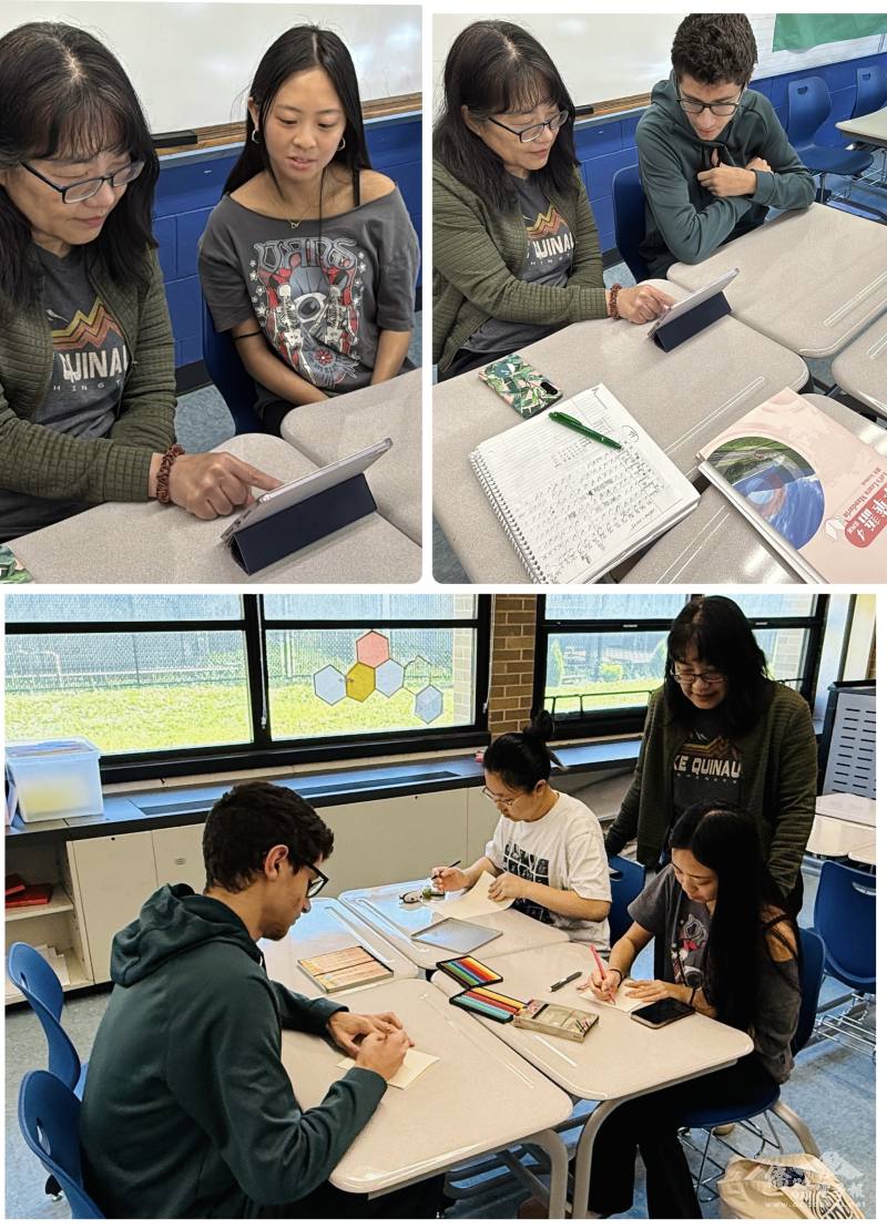 教學中心菁英班學生使用電子字卡參加認字比賽(上)，再精心手繪卡片給媽媽，傳達感恩之情(下)