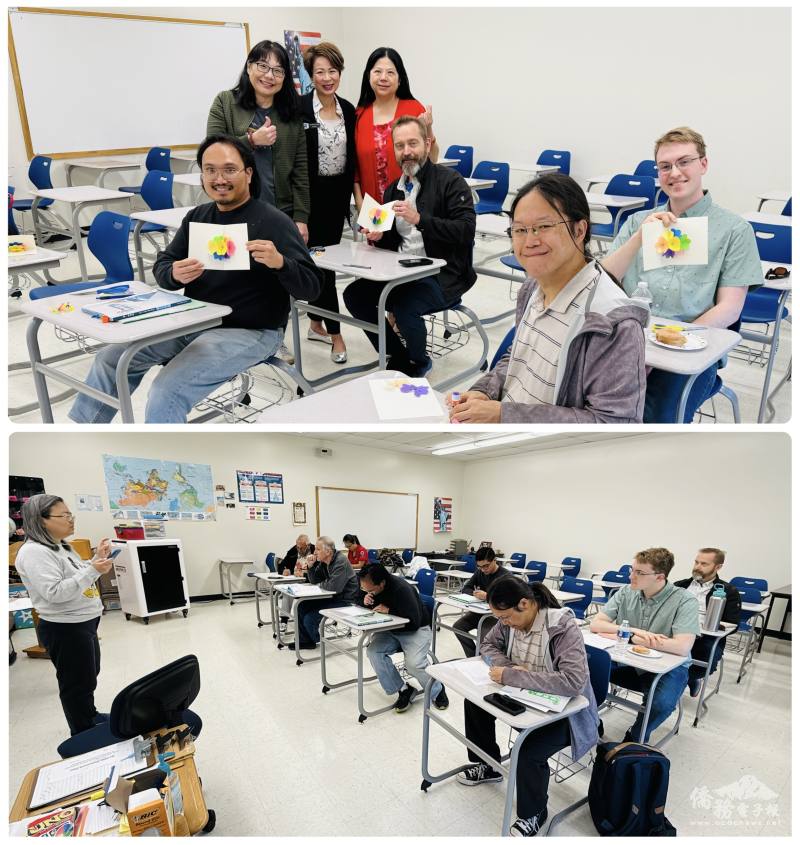 華語文教學中心初級班學生參加認字比賽 (下)，隨後於文化課中親手繪製母親節卡片，並用中文寫下對媽媽的祝福(上)