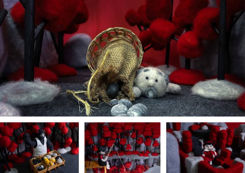 私立復興高級商工職業學校廣告設計科學生團隊的逐格動畫作品「都是傳說」，透過人面魚、紅衣小女孩等台灣民俗傳說，詮釋台灣常見詐騙案例，與台北市警察局松山分局合作宣導反詐。（台灣設計研究院提供）