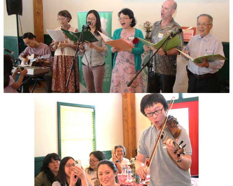 (上圖)合唱團領唱「臺灣」之歌，獻給永遠的母親「臺灣」；(下圖)理事蘇榆凱的小提琴演奏