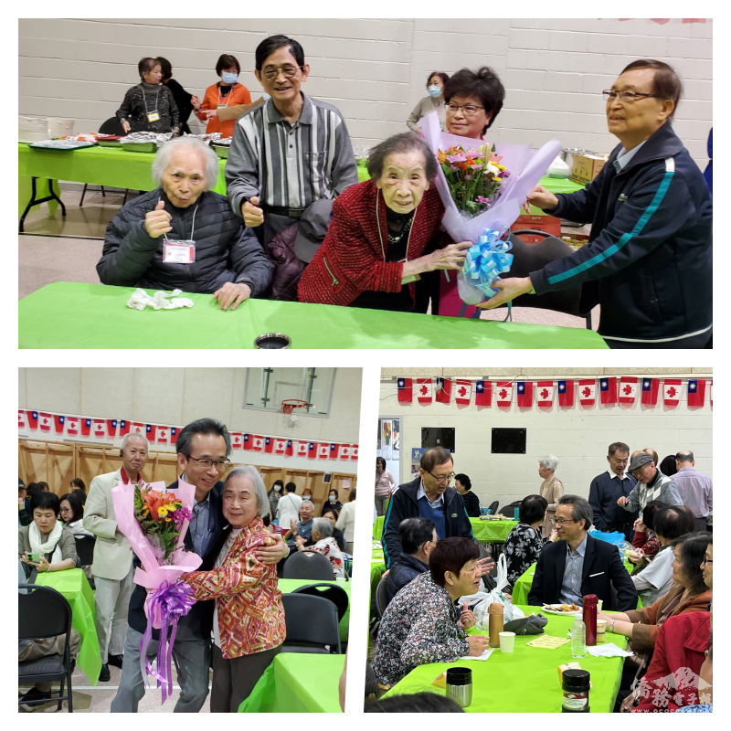 多倫多臺灣同鄉青籐會及多倫多臺灣婦女會共同主辦「母親節聯歡餐會」為詹月娥、查瑞美、林玉琴、郭哲欽及林金枝等5位92歲至98歲媽媽們獻花及祝賀，（上圖）大都會廣場董事長王興富（左2）及其父親、母親；梁毅鵬當日全程參與活動，並逐桌親切問候及互動（右下圖）