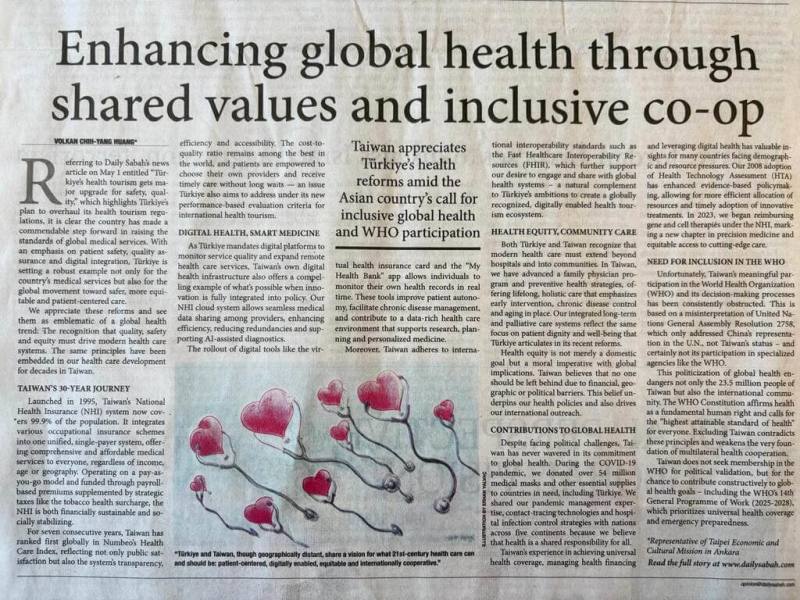 土耳其最大英文報紙「每日晨報」12日刊登駐土代表黃志揚投書，文中強調台灣在智慧醫療與健康平權的成就與貢獻，並呼籲共同推動無國界的全球健康合作。（駐土耳其代表處提供）