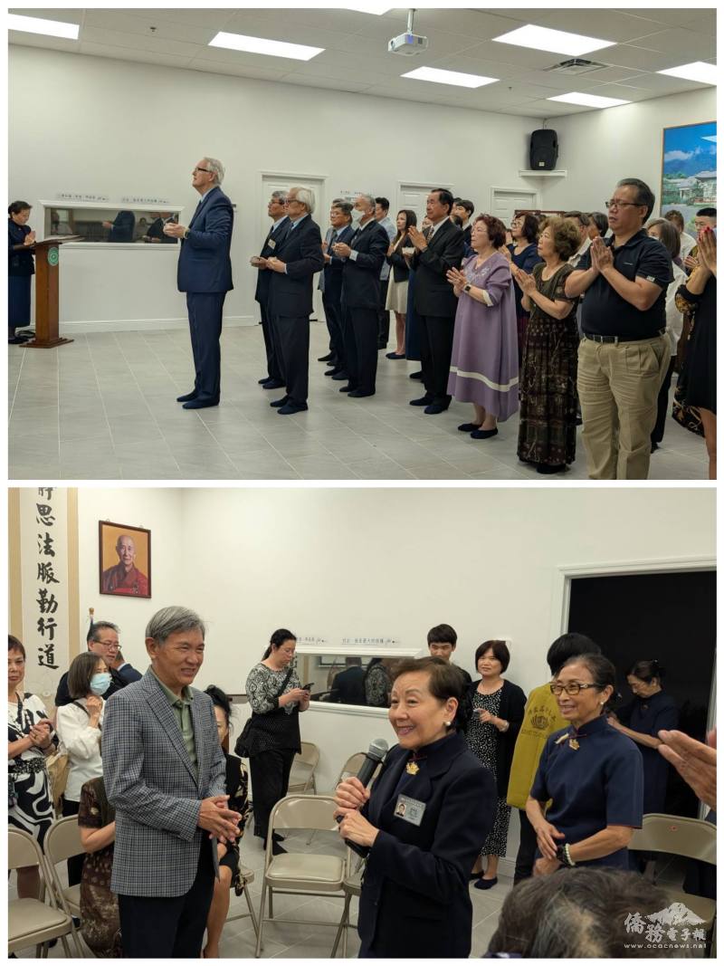 林智（Bob Lynch）帶領與會者頌讚佛歌；下圖：慈濟奧蘭多聯絡處代理負責人楊甦蘇介紹黃士聰（左）致詞