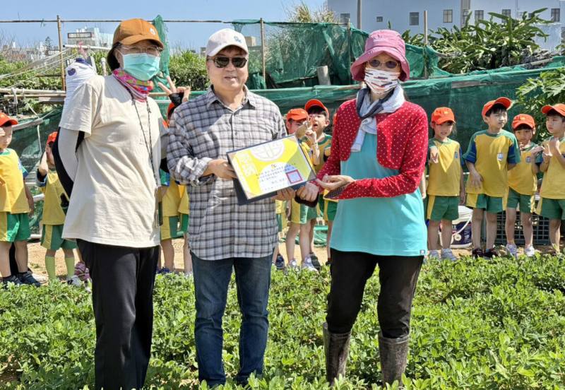 澎湖湖西鄉長陳振中（中）親自到場與小朋友們一起採收，對轄區蔡姓菜農主動協助提供自家菜園，供小朋友實地體驗，讓小朋友能從小了解食材，從土地到餐桌的食農教育，表達感謝與肯定，特別致贈感謝狀。（澎湖湖西鄉公所提供）