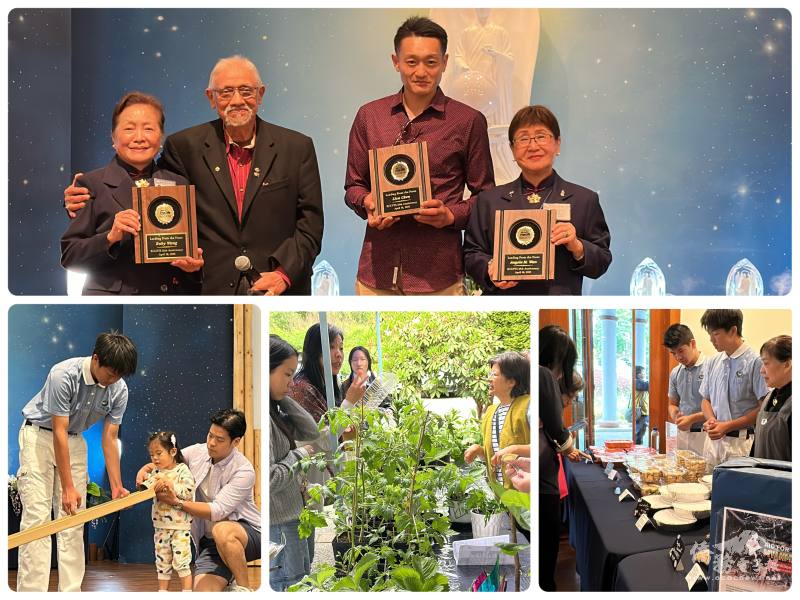 (上圖)KCCPTS機構頒發感謝獎牌；(下圖)竹筒歲月、菜苗、糕點義賣