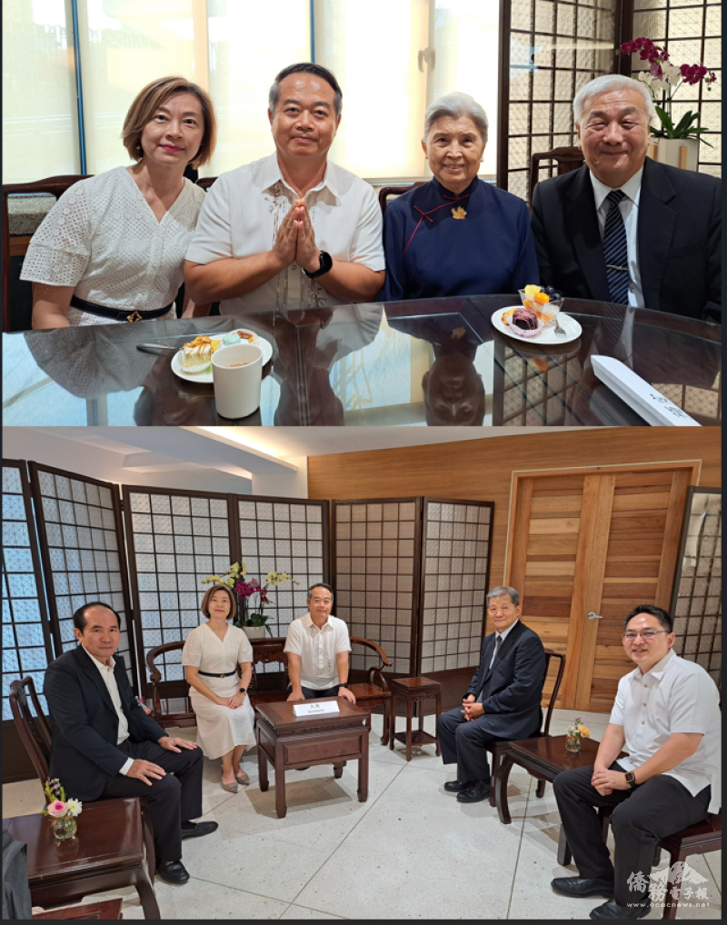 上圖，盛典後周民淦夫婦（左2人）與慈濟基金會執行長楊國英(右1)及首屆執行長林小正(右2)暢談僑界服務工作及未來慈善計畫；下圖，左起為僑務諮詢委員鄭國賓、周民淦夫婦、慈濟基金會菲律賓分會副執行長錢小進、菲華文教中心主任莊博智