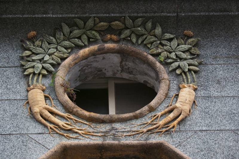 When modern architecture came into vogue, intricately ornate facade peaks fell out of fashion. Instead, architects began using more low-key methods to make storefronts special. Shown here is the likeness of ginseng roots in low relief around a window in t