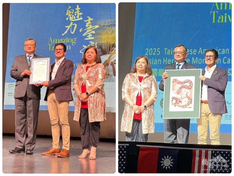 (左)Jason Morgan代表密西根州州長魏美桂與密西根人文協會會長楊逸鴻一起轉遞「臺美人傳統週」州長宣言予類延峰；(右)類延峰贈送國立臺灣美術館版畫給州眾議員Jason Morgan