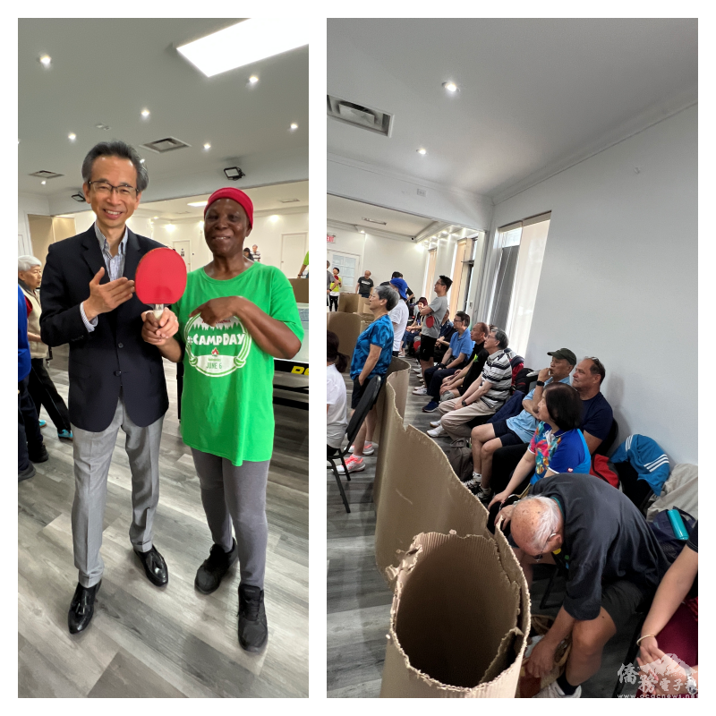 「2025長青盃桌球錦標賽」選手們在旁觀賽(右); 梁毅鵬與參加比賽的非裔選手合影。
