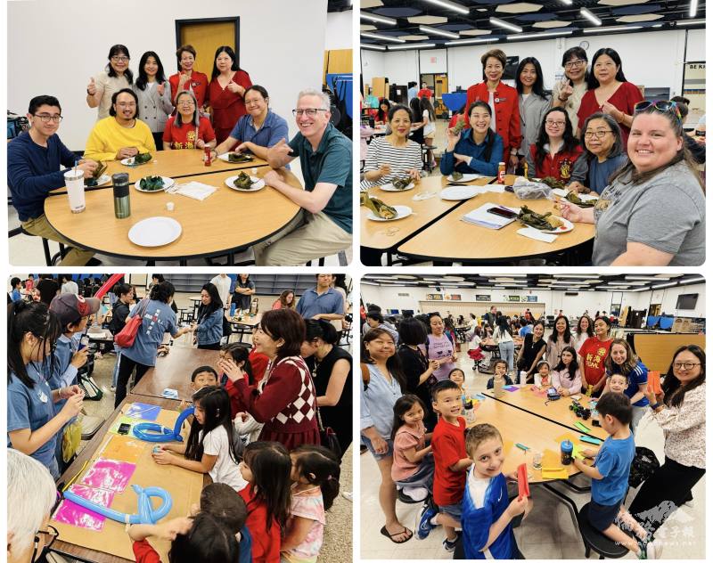 臺灣華語文學習中心學生開心享用美味的粽子 （上）；美美門教會義工親切地為小朋友製作造型汽球（左下）；小朋友們投入紙粽子手作活動(右下)