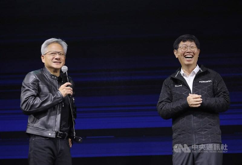 Hon Hai Chairman Young Liu (right) was joined by Nvidia Corp. CEO Jensen Huang at his Computex keynote speech on Tuesday. CNA photo May 20, 2025