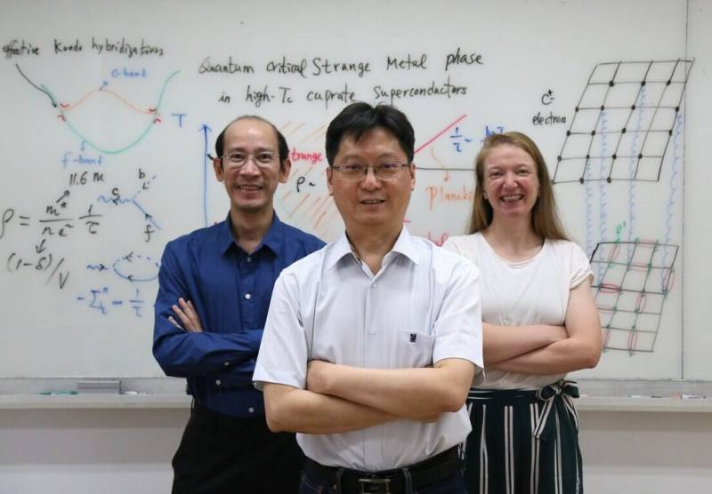 陽明交通大學研究團隊成功解開銅酸鹽（cuprates）中奇異金屬量子臨界狀態的形成機制，登上國際期刊「物理學進展報告」，左起博士後研究員阮文浩、教授仲崇厚、博士後研究員Kim Remund。（陽明交大提供）