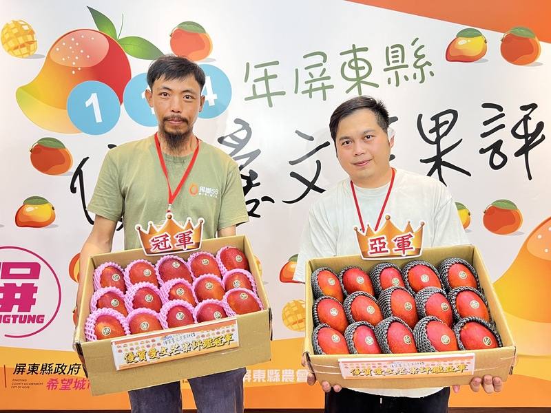 屏東愛文芒果正值盛產期，屏東縣政府舉辦愛文芒果評鑑，由34歲方冠文（左）2度奪下冠軍，而奪得亞軍的盧旺昇（右），其實是方冠文師父。被徒弟打敗，盧旺昇表示，很開心，現在自己以輔導為主，希望屏東的愛文芒果越來越好