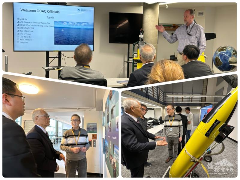 (上圖)APL實驗室系主任Warren Fox致詞.(下圖)連教授向僑委會副委員長張良民介紹水下無人機