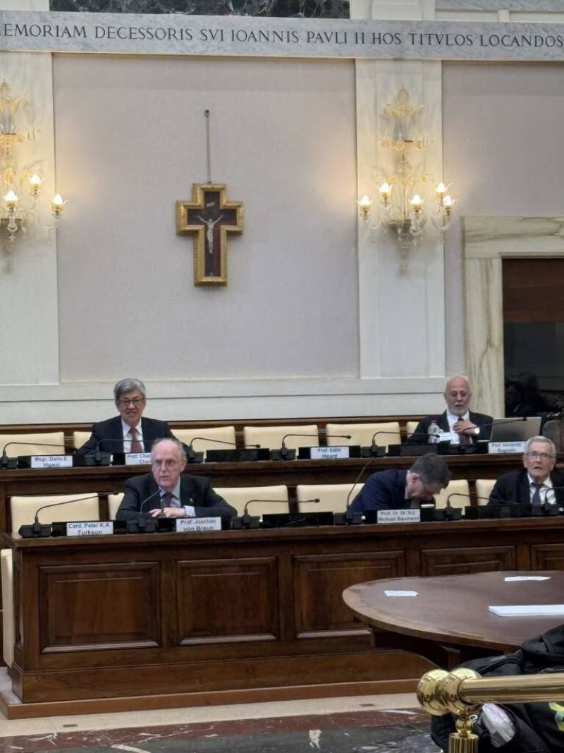 前副總統陳建仁（後排左1）22、23日出席教廷宗座科學院研討會，與科學院主席馮布勞恩（Joachim von Braun，前排左1）等多位世界專家討論癌症防治措施。（駐教廷使館提供）