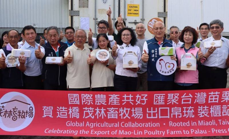 苗栗縣造橋鄉茂林畜牧場生產非籠飼動物福利雞蛋，透過縣農會引薦將銷往南太平洋友邦帛琉，23日完成首批封櫃作業。（苗栗縣政府提供）