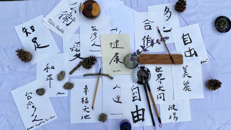 丹麥台灣商會在哥本哈根舉辦挺台灣參與WHA的活動，現場有書法體驗，讓與會者寫下他們的期許。（丹麥台灣商會提供）