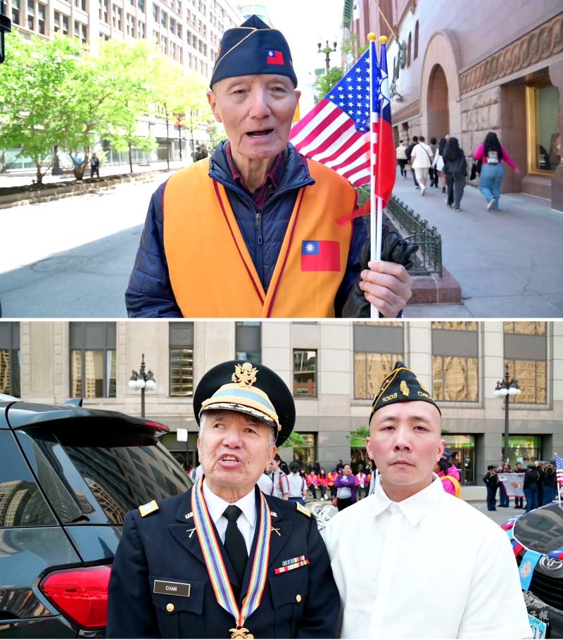 (上圖)華裔遊行隊伍總指揮為榮光會前會長廉美華 ，(下圖) 芝加哥華埠退伍軍人協會代表Phil Chen(左) 及Zhi Chen(右)
