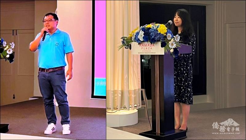 泰國臺灣商會聯合總會青商會長黃啟碩(左)教育組秘書薛懿含(右) 致詞