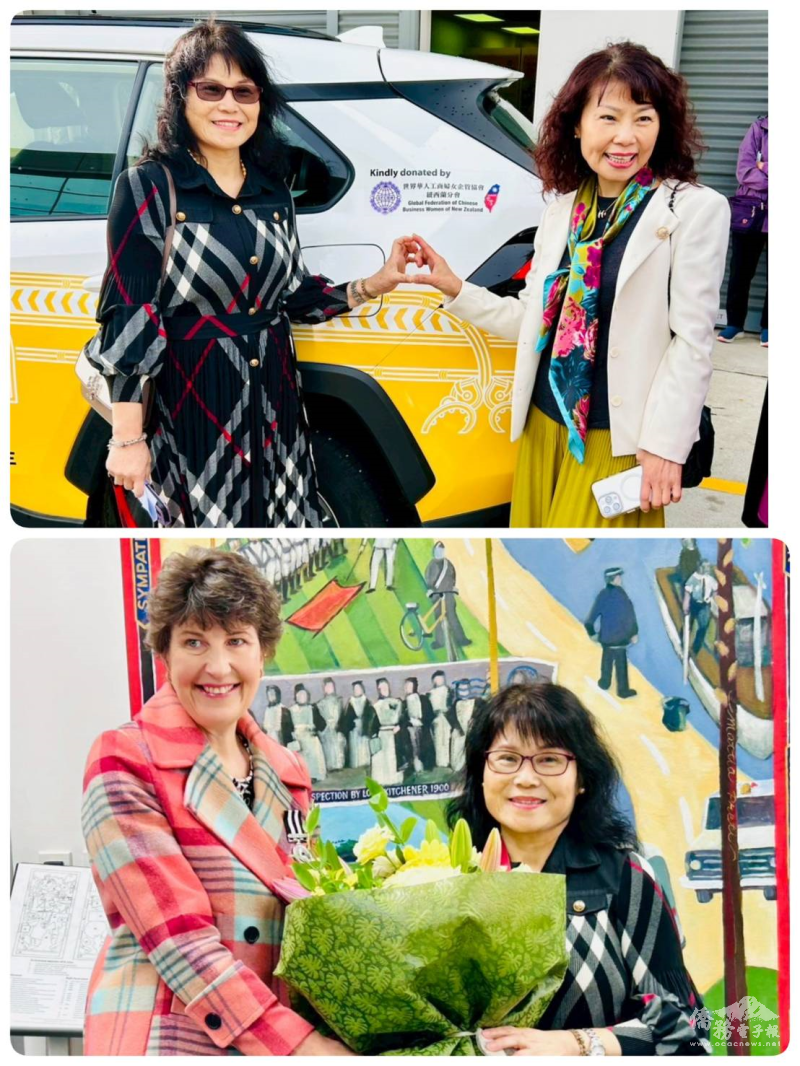 滿任會長獲贈聖約翰感謝花束，與新任會長吳素芬於贈車前合影留念
