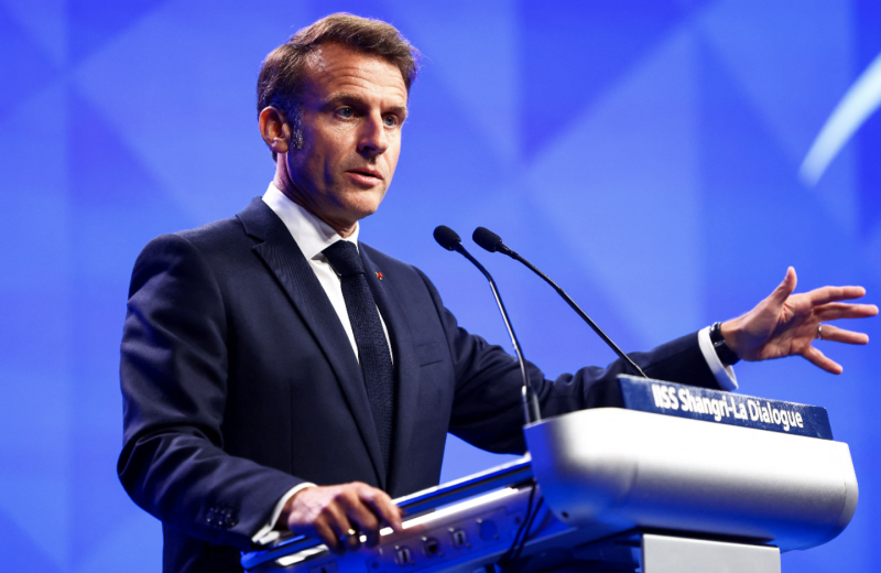 法國總統馬克宏(Emmanuel Macron)在香格里拉對話上發表演說。(路透社/達志影像)