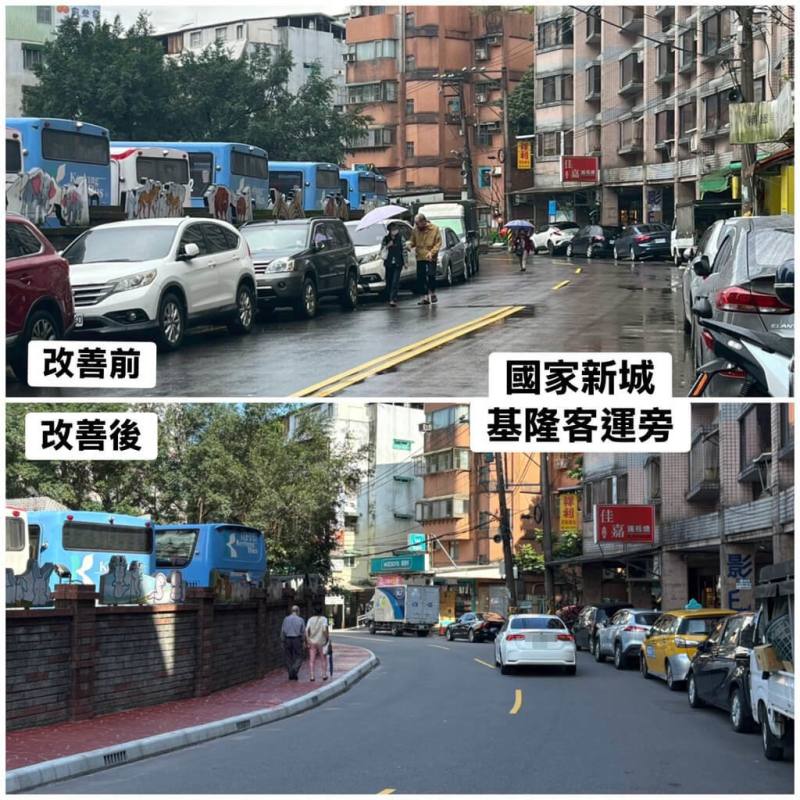 基隆市政府工務處近期完成國家新城「人行環境改善4部曲」第3階段工程，在樂利三街建置人行道（圖），解決過去因路側停車阻礙人行動線而使學童與車輛混行的問題。（基隆市政府工務處提供）