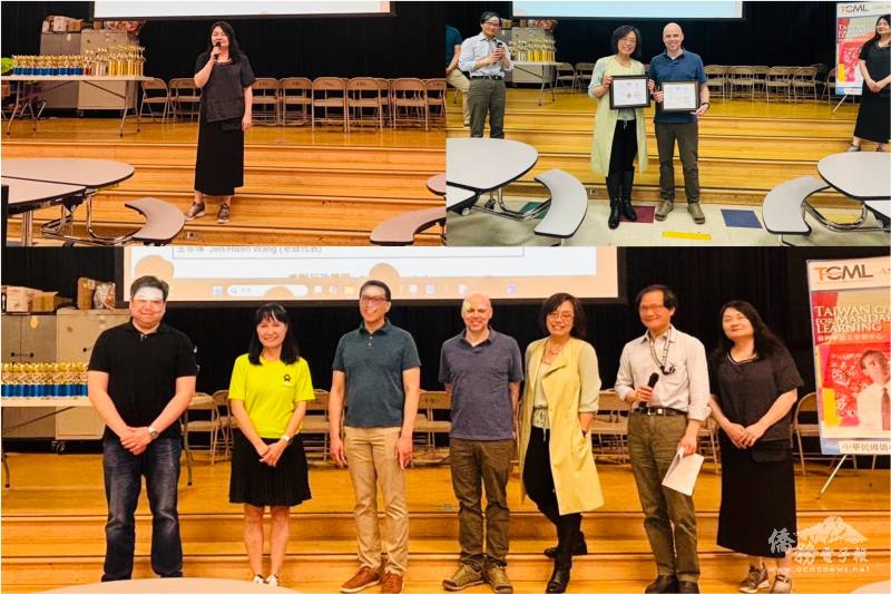 (左上圖)安娜堡中文學校董事會新任校長王珍琿致詞；(右上圖)兩位卸任董事獲得感謝狀；(下圖)全體董事合影