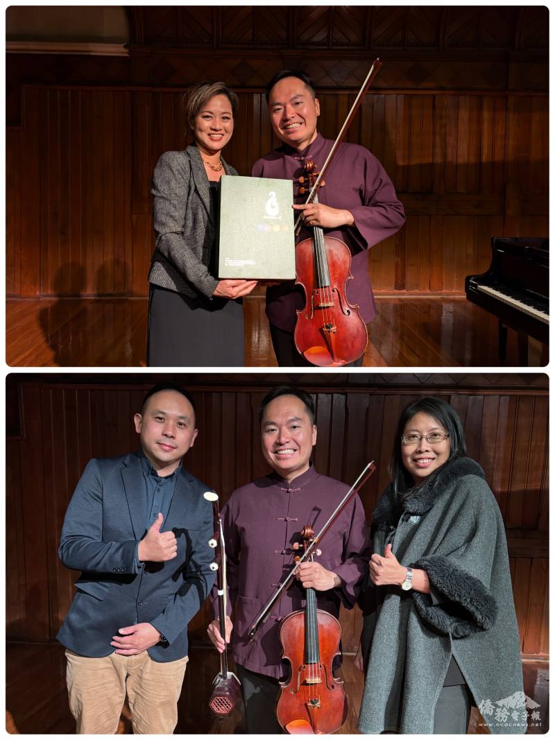 (上圖)紐西蘭臺灣商會名譽會長左佋文準備自家的尚膳禮盒給林維洋（Dr. Andy Lin）
(下圖)朱瀚任、林維洋和大洋洲臺灣商會聯合總會名譽總會長暨僑務顧問呂宛葦會後合影留念