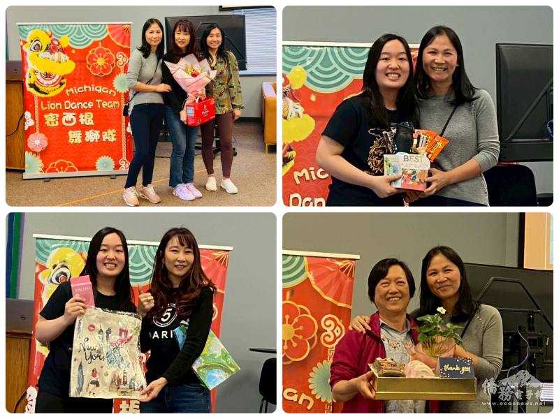 舞獅隊感謝創造過去一年精彩紀錄的三位功臣，團長賀婉青(左上、左下)、隊長翁美津(右上、左下)以及隊長的媽媽馬奕璇(馬奕璇提供)