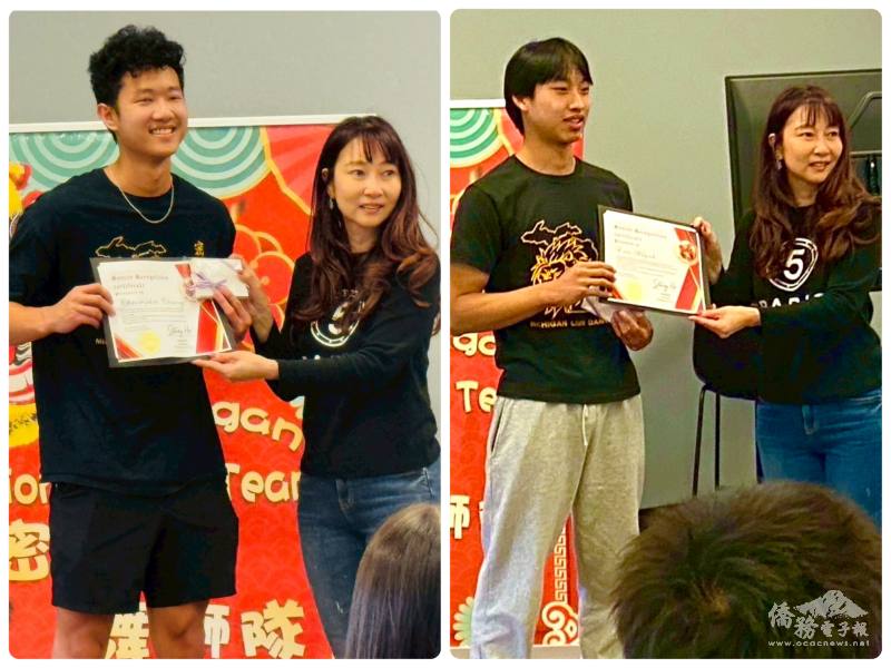 舞獅隊歡送蔣立閎(左)與黃天賜(右)兩位畢業生（謝雅玲提供）