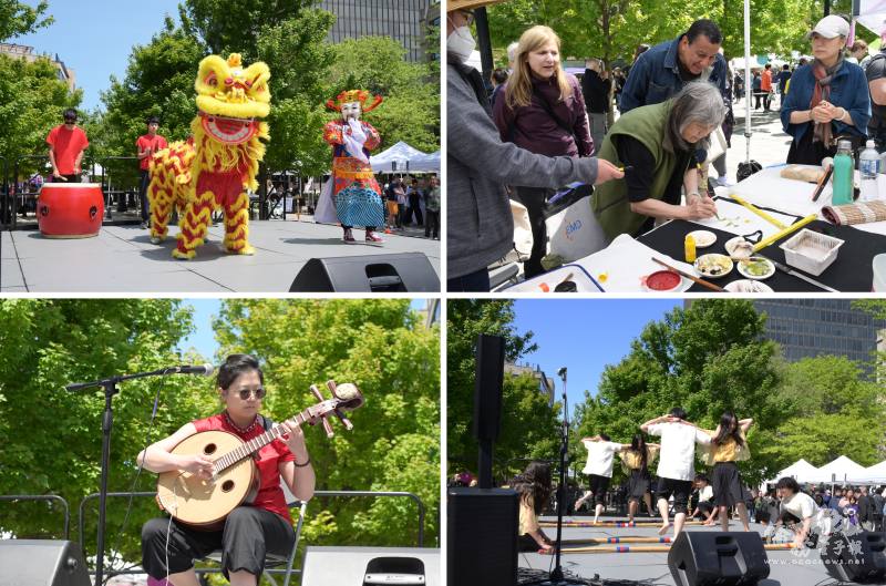 (左上圖) 兄弟舞獅團開場表演；(右上圖) 朱培坤示範國畫； (左下圖) 旅芝音樂家吳紫岑表演中阮； (右下圖) 菲律賓竹竿舞