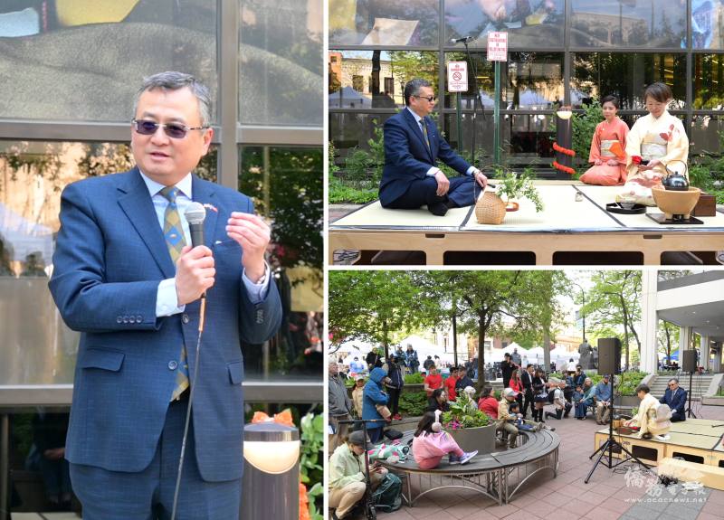 (左圖) 類延峰致詞； (右圖) 類延峰受邀參加日本茶道示範