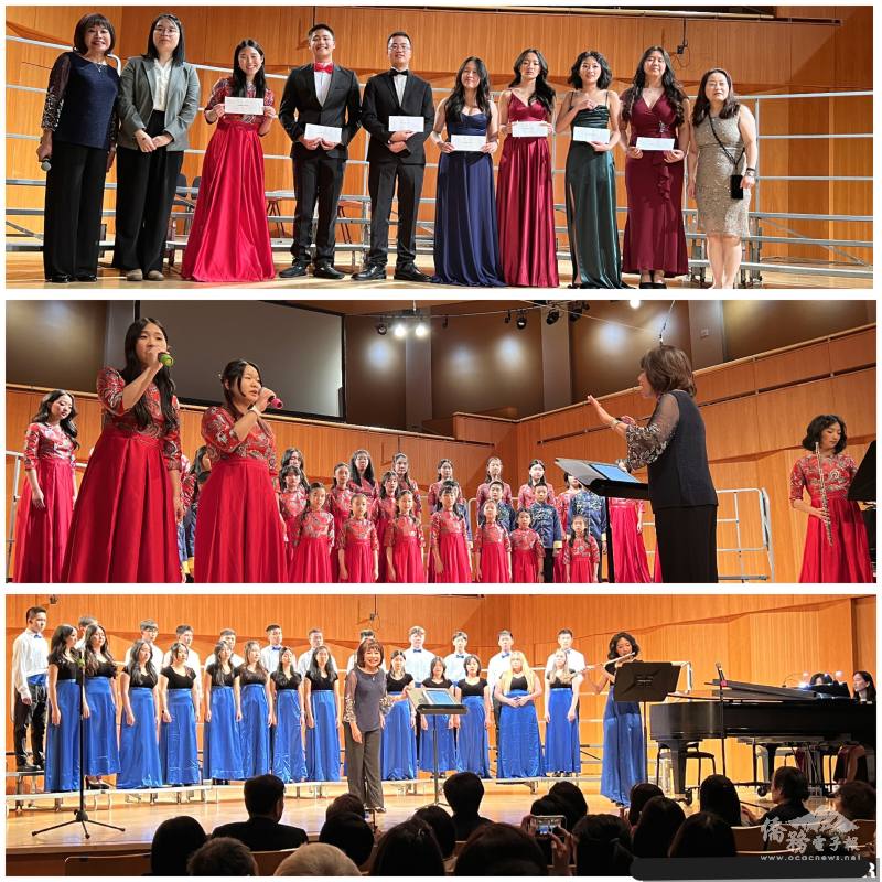 上圖，藝術總監林馨文林馨文（左一）、紐約文教中心副主任王鈺淇（左二）、團長任慶（右一）頒發獎學金