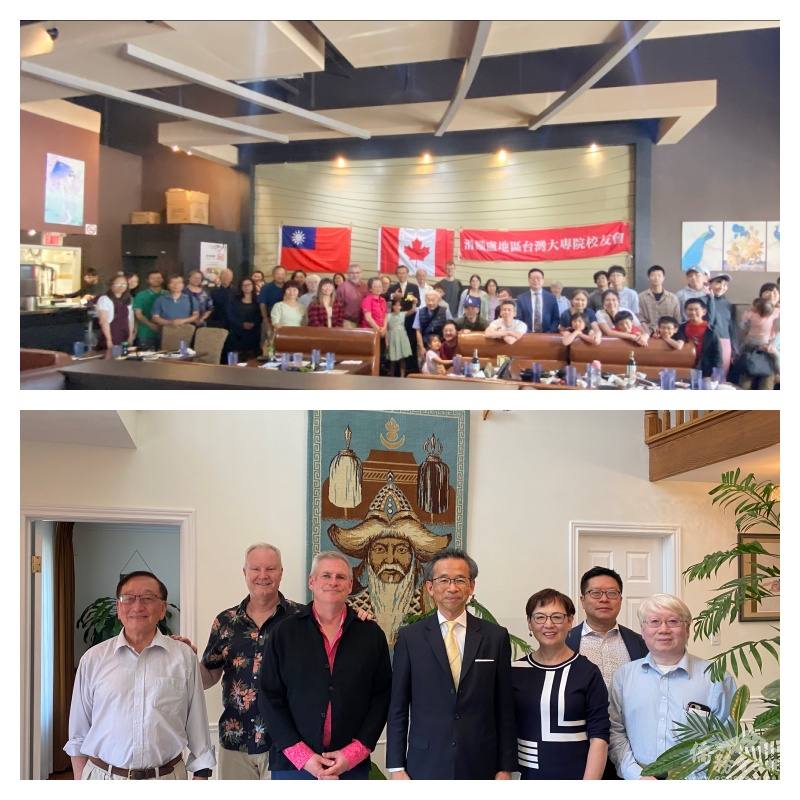 滑鐵盧地區臺灣大專院校校友會於Sushi99餐廳餐敘合照(上圖)；梁毅鵬(右三)、藍柏青(後右)專程拜訪僑務諮詢委員吳罕台伉儷(左一及右二)，並與Wilfrid Laurier University歷史系教授Blaine Chiasson(前左二)交換意見