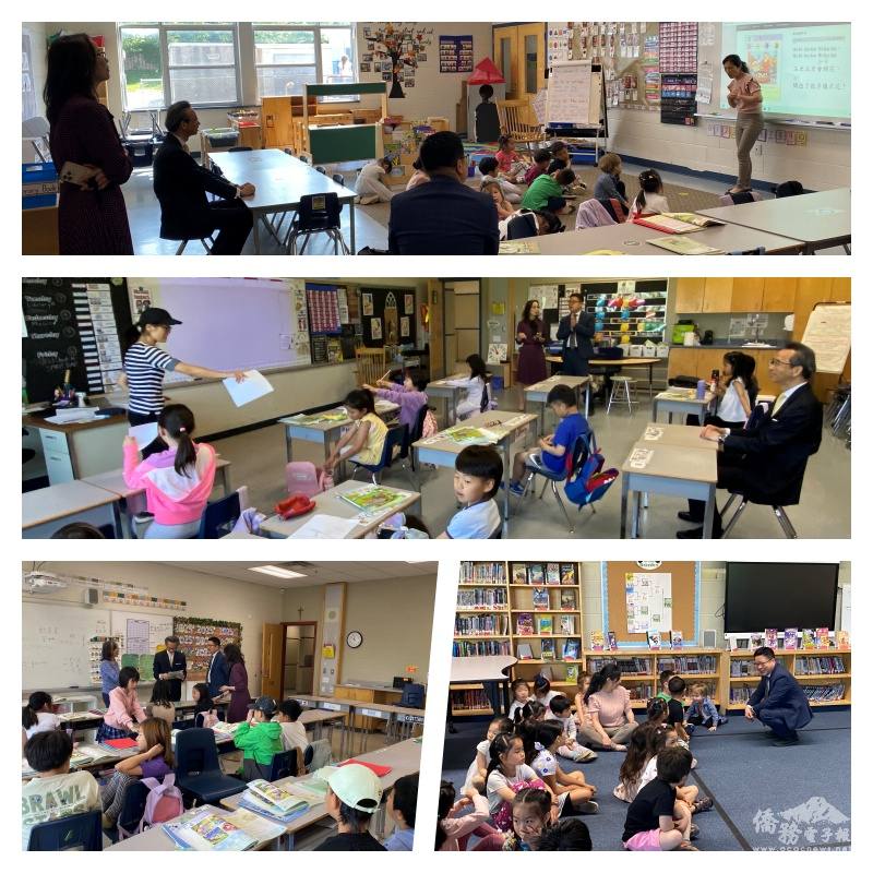 梁毅鵬旁聽老師上課教學情形(圖一、圖二及左下)；多倫多文教中心主任藍柏青與小朋友互動(右下)