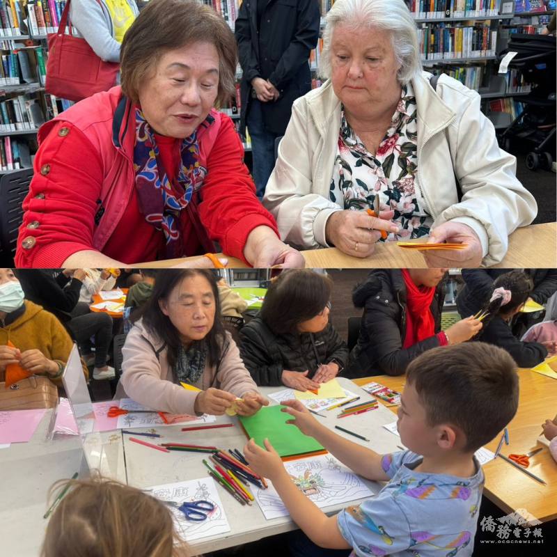 紐西蘭中華婦女會榮譽會長暨僑務顧問李沈愛珠(上圖左)及紐西蘭國家婦女協會全國榮譽終身會員Christine Knock (上圖右)也親自出席，認為活動辦理的十分成功，呈現紐西蘭對各國文化的欣賞力。在剪紙老師Rita的指導下，僑胞與社區孩子也能互動交流，互相分享技巧(下圖)