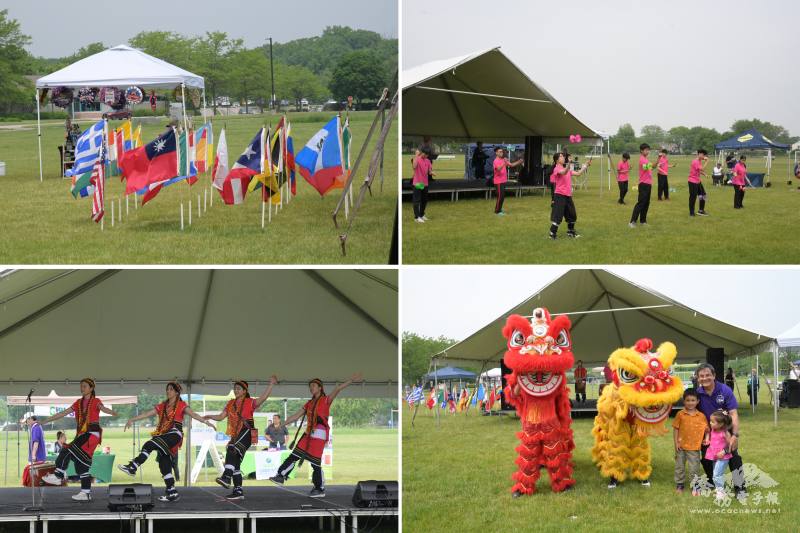 (左上圖) 各國旗幟飄揚；(右上圖) 海外青年文化大使表演扯鈴；(左下圖) 海外青年文化大使表演臺灣山地舞； (右下圖) 臺灣舞獅鄉親合影