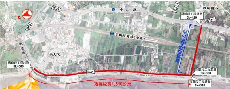 苗栗縣通霄鎮白沙屯拱天宮香火鼎盛，每逢假日、進香時節香客眾多，周邊交通易壅塞，縣府規劃拱天宮南側聯絡道路新建工程，將拓寬苗41線及新闢南側聯絡道，預計民國116年完工。（苗栗縣政府提供）