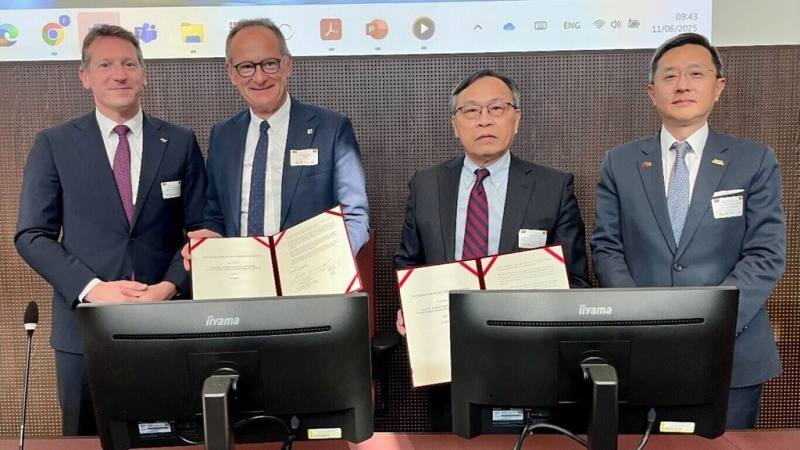 中華民國國際經濟合作協會理事長呂桔誠（右2）11日與比利時綜合科技產業聯盟Agoria簽署MOU，為台灣企業爭取進入歐洲市場與技術資源的制度化窗口。（國經協會提供）