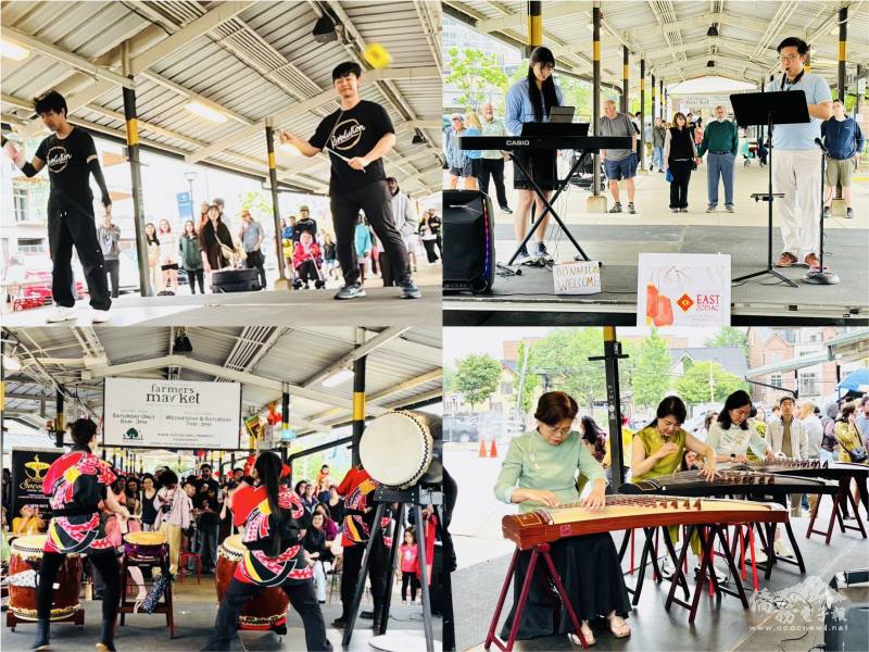 安娜堡亞洲夜市舞台表演剪影， 豎笛演奏家謝立恩與伴奏盧柏妃演奏臺灣樂曲(右上) 、 古箏樂團表演 (右下)、安娜堡中文學校扯鈴教練古皓元與團隊表演 (左上)、 太鼓團體表演 (左下)