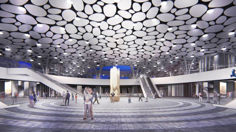 交通部鐵道局17日公布台鐵高雄車站公共藝術計劃，由6位國內外創作者提出「聽蒸氣」、「看時間」、「掛燈籠」、「停樹下」、「染色彩」與「映回憶」6大作品，打造一座「高雄車站共感空間」。圖為模擬圖。（交通部鐵道局提供）